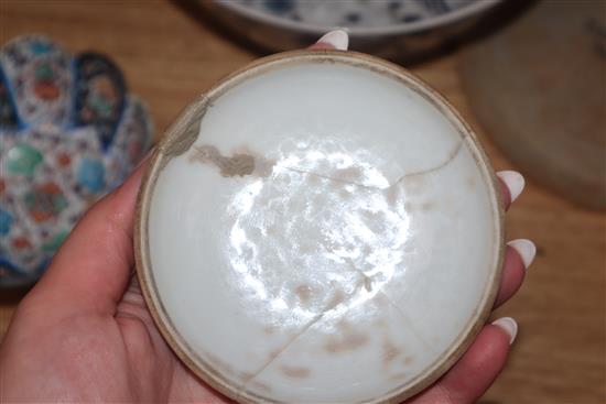 Two Persian Chinese enamel bowls and saucer, a blue and white vase, another plate and a dish